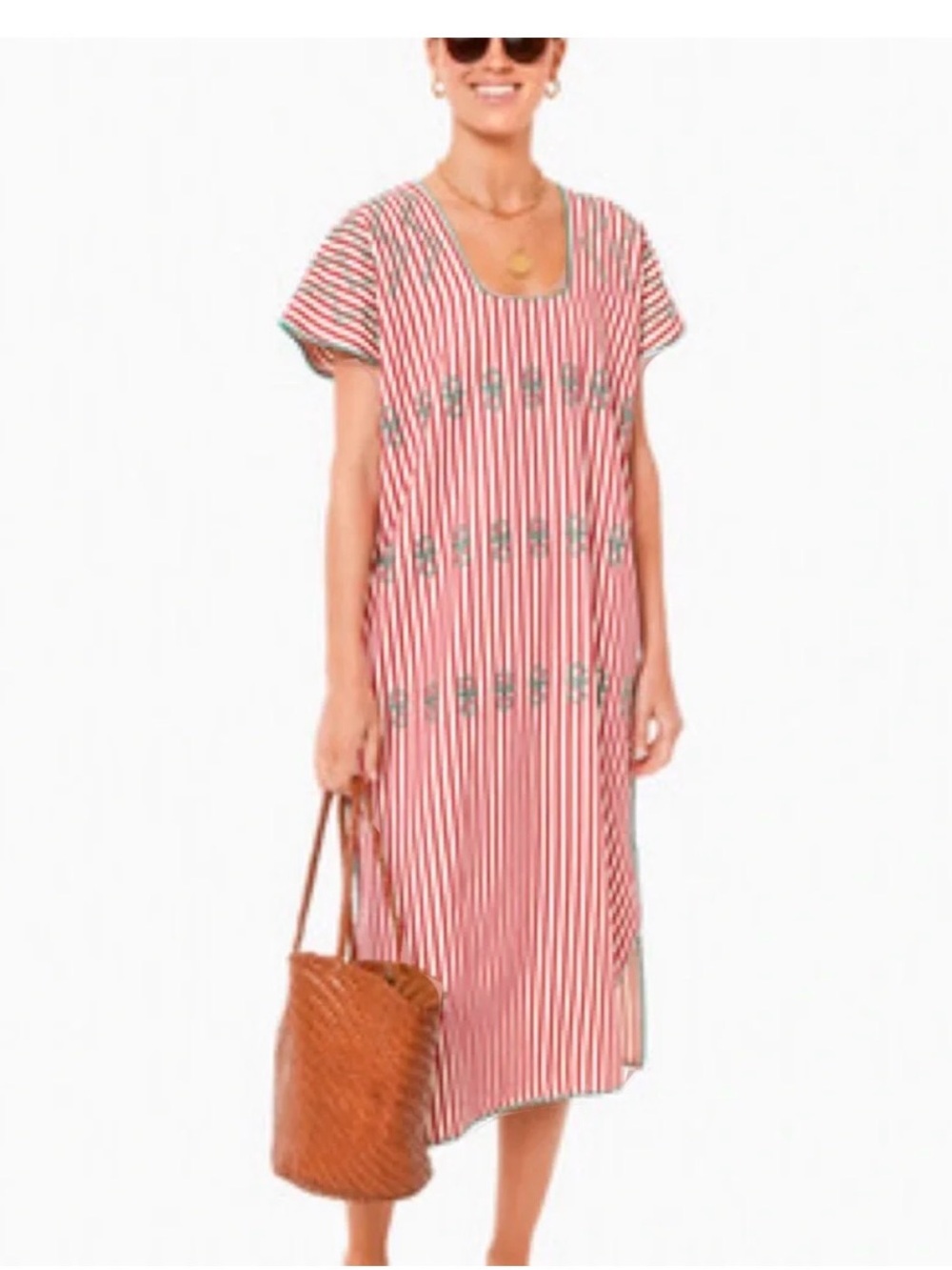 Tuckernuck Red and White Striped Midi Dress with Green Embroidery
